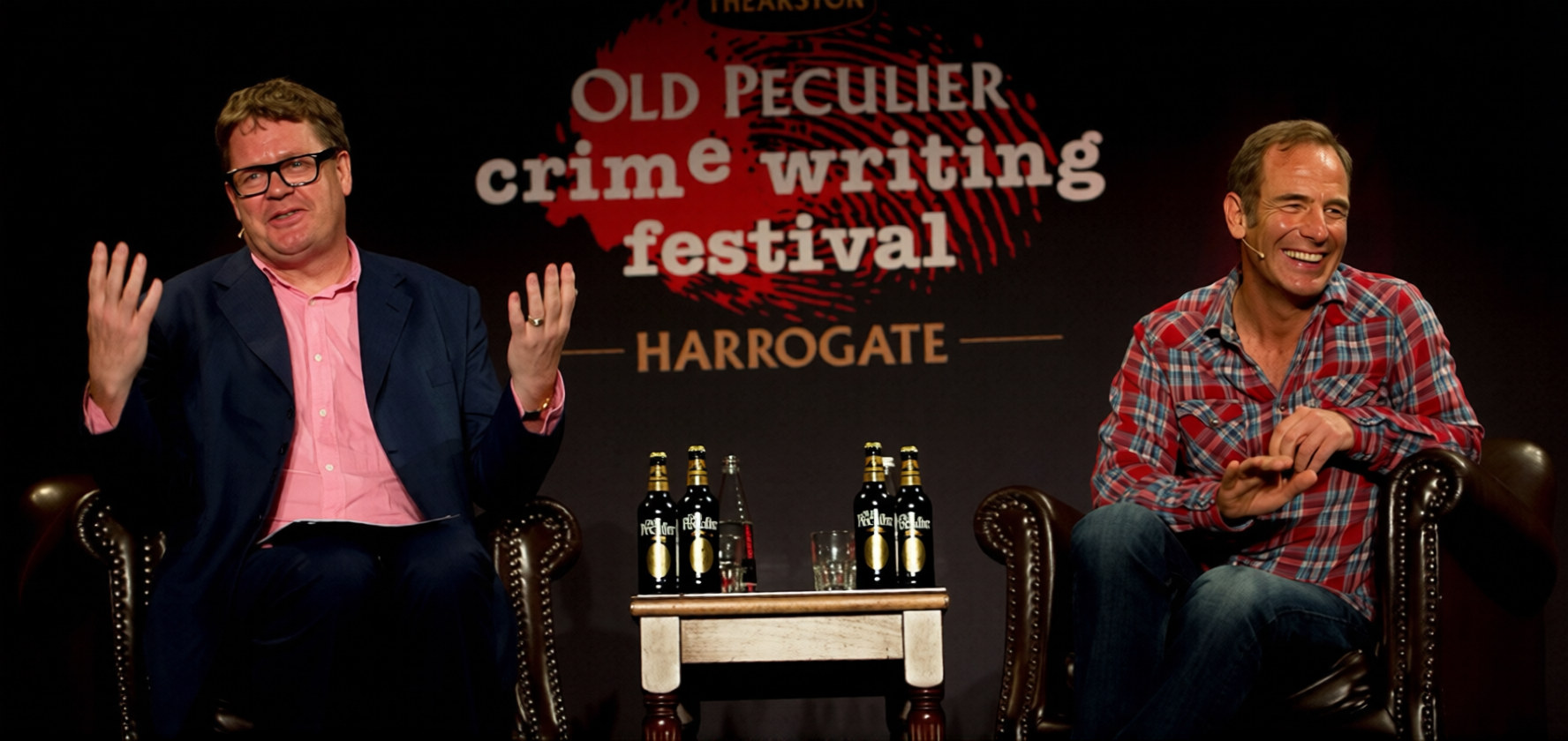 James Runcie in conversation with actor Robson Green on stage at the Harrogate crime writing festival