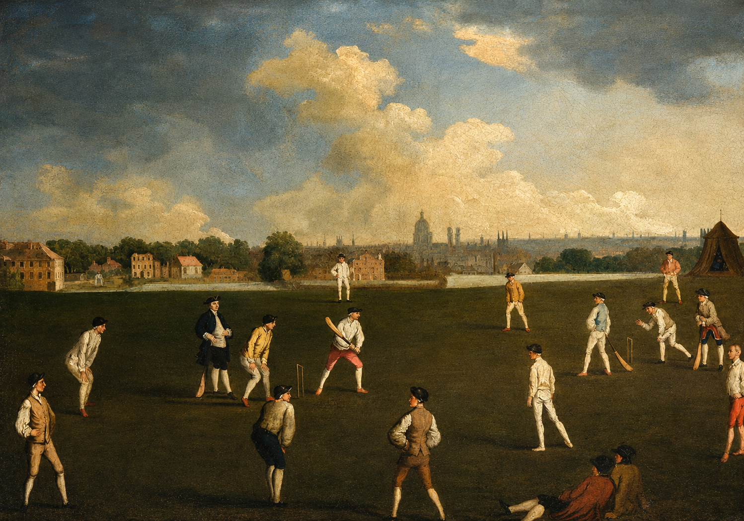 An 18th-century painting of a cricket match on an open field with players in period dress and the London skyline beyond