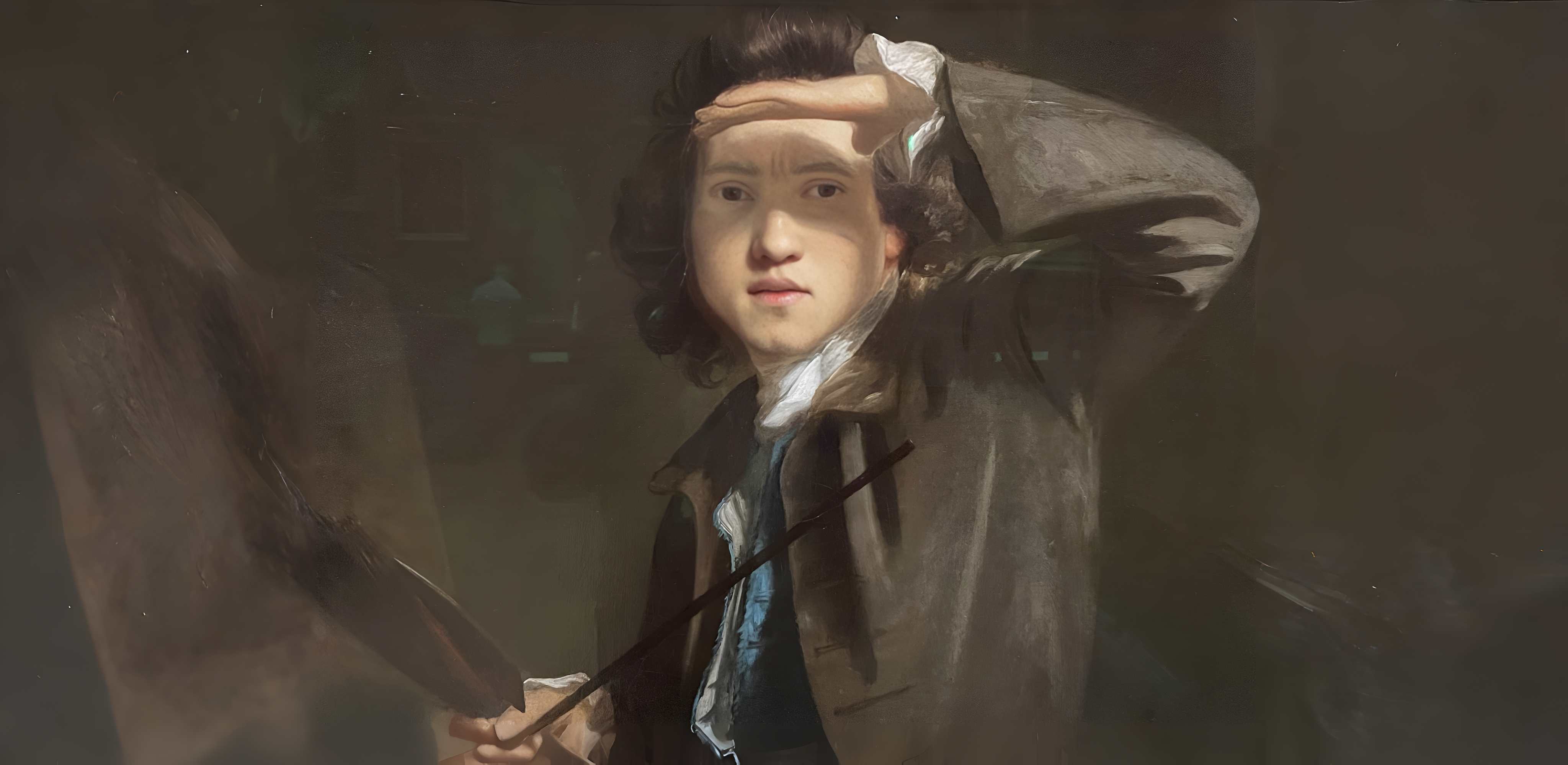 Joshua Reynolds shading his eyes with one hand, holding a palette and brushes in the other