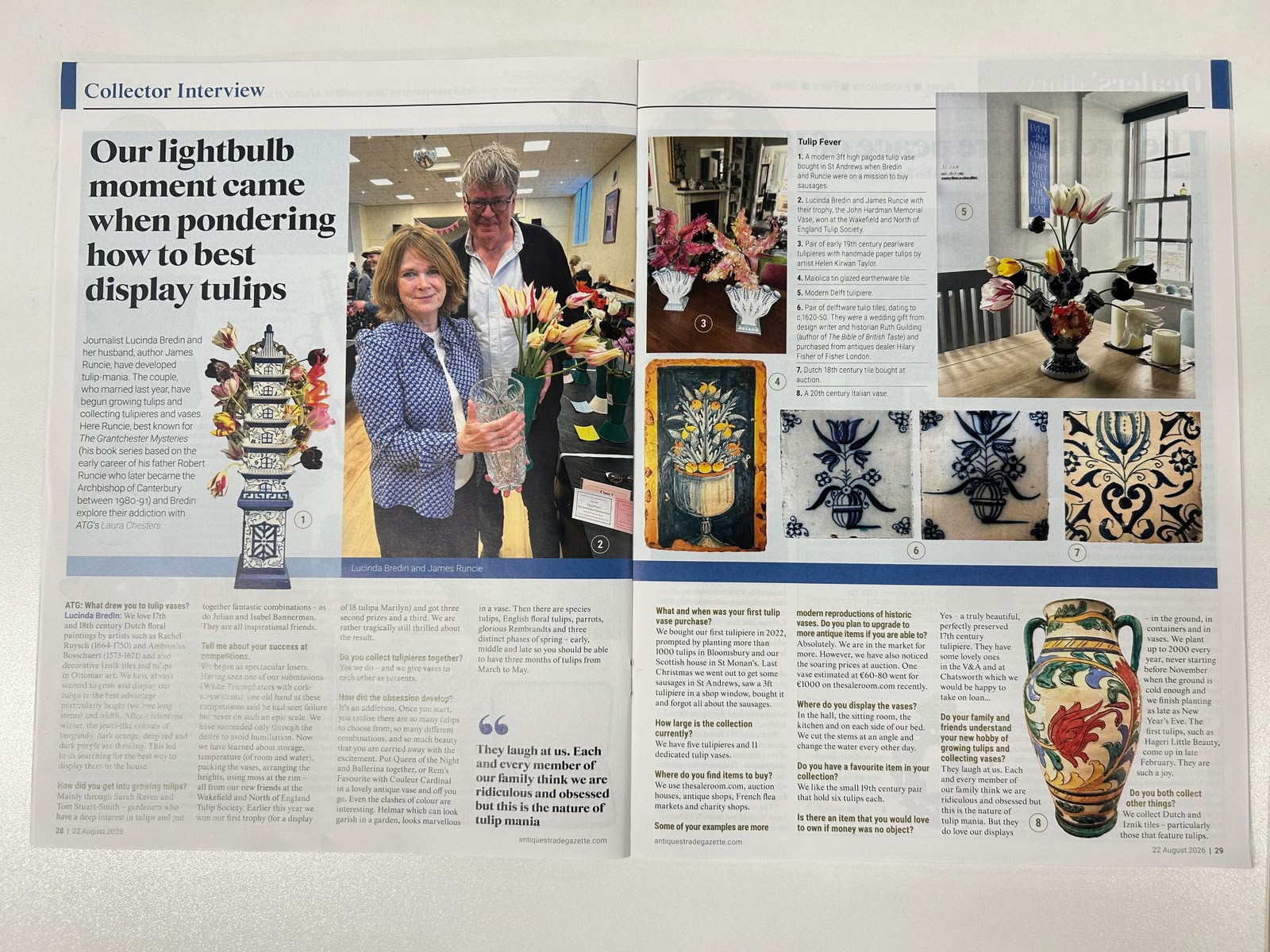 A magazine spread from the Antiques Trade Gazette Collector Interview headlined ‘Our lightbulb moment came when pondering how to best display tulips’, featuring Lucinda Bredin and James Runcie