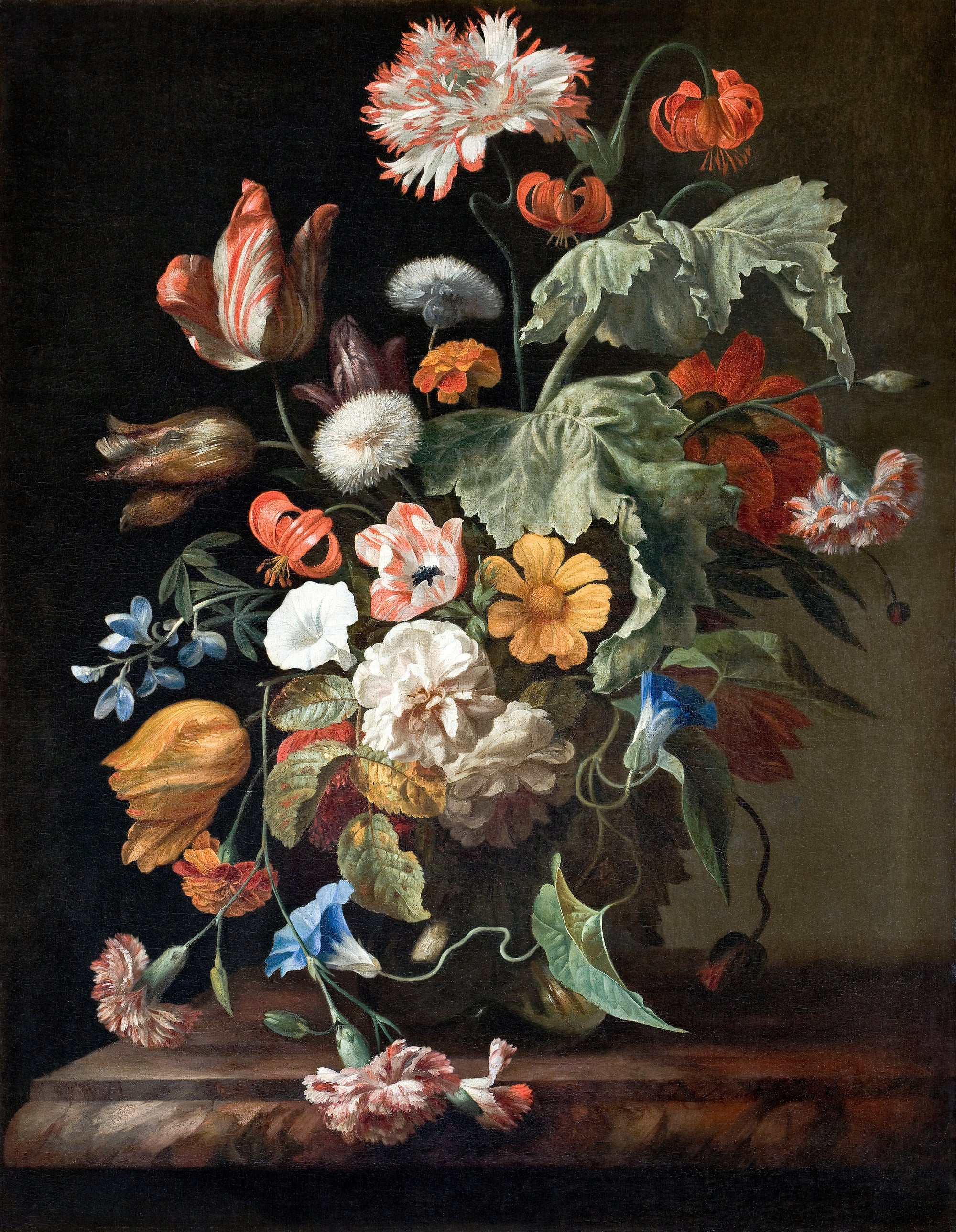A Dutch still life of tulips, lilies, poppies and roses in a glass vase on a marble ledge against a dark ground